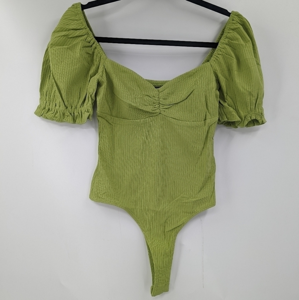 NWT LULU'S Romantic Inclination Ribbed Puff Sleeve Bodysuit